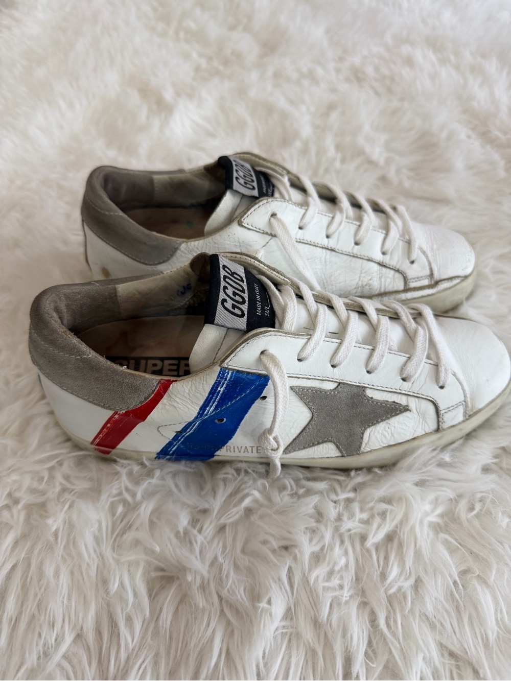 Golden Goose White Leather Sneakers with Red & Blue Side Stripes size 35 US 5